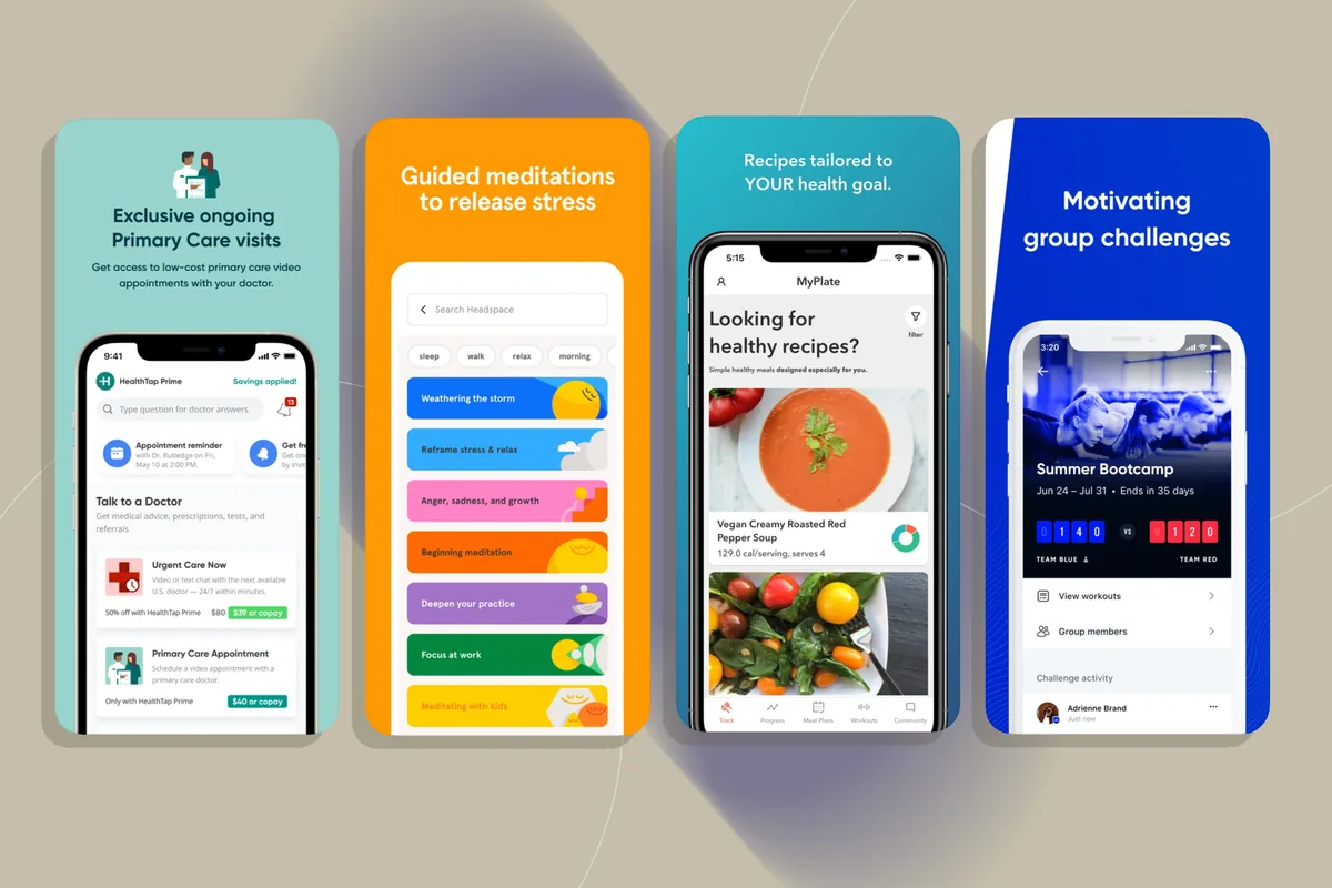 Four phone screens showing health apps for doctor visits, meditation, recipes and workouts