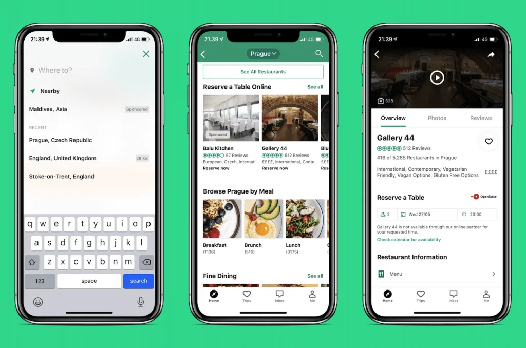 Three phone screens showing a travel app with place search and restaurant listings